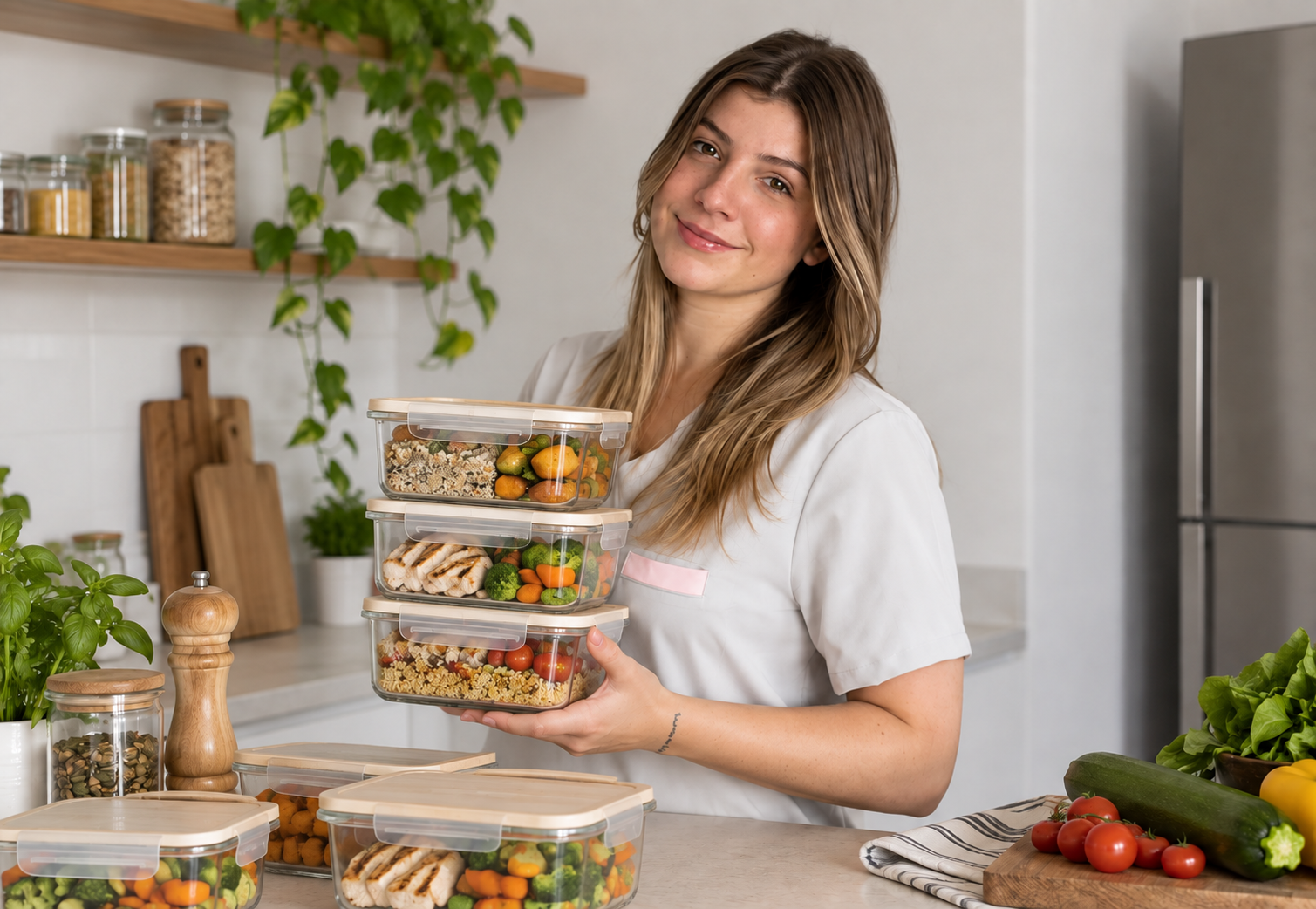 Angie en la cocina con recipientes de comidas preparadas